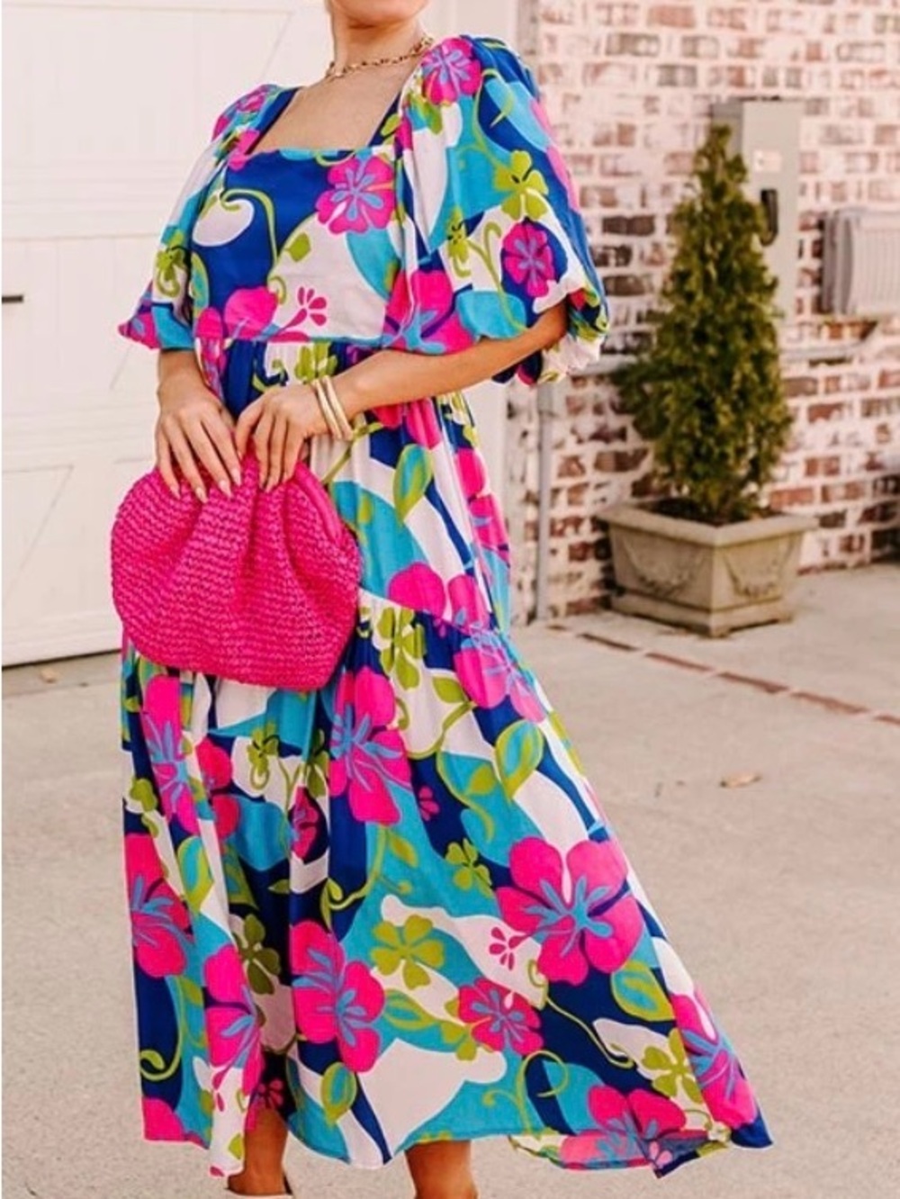entro Pink & Blue Floral Maxi Dress with Puff Sleeves